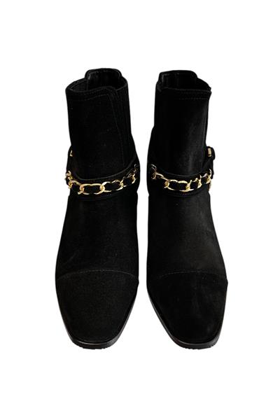 Siyah Hakiki Süet Deri Zincir Detay  Bot