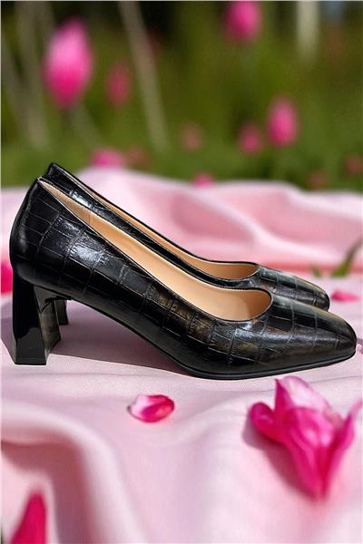 Siyah Krokodil Hakiki Deri Topuklu Ayakkabı