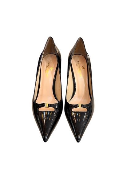 Siyah Rugan Hakiki Deri Toka Detay Topuklu Ayakkabı