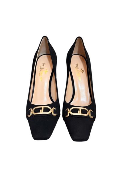 Siyah Süet Hakiki Deri Toka Detay Topuklu Ayakkabı