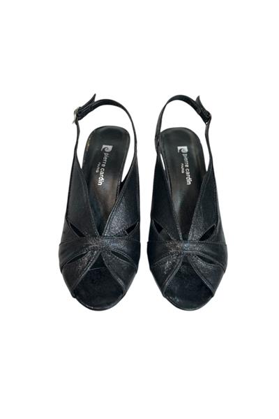 Siyah Vegan Deri Arkası Açık Topuklu Ayakkabı