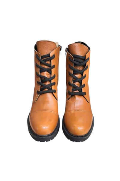 Taba Hakiki Deri  Bağcık Detay  Yandan Fermuarlı Kalın Topuk Bot