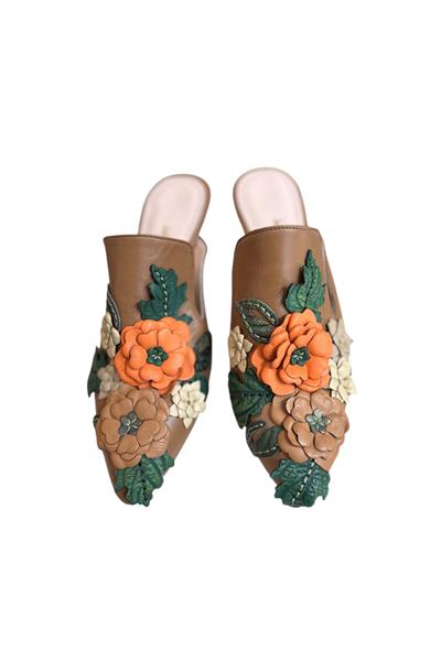 Taba Hakiki  Deri Çiçek Motifli El Yapımı Terlik 