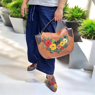 Taba  Hakiki Deri Çiçek Motifli El Yapımı Omuz ve El Çantası