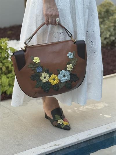Taba  Hakiki Deri Çiçek Motifli El Yapımı Omuz ve El Çantası