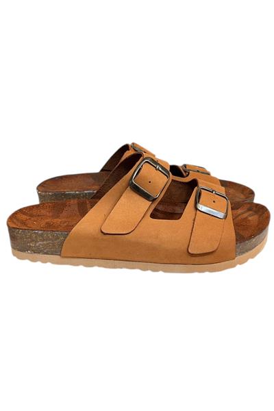 Taba  Hakiki Deri Nubuk Çift Bant Tokalı Mantar Taban Terlik