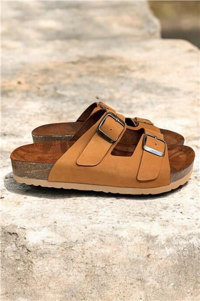 Taba  Hakiki Deri Nubuk Çift Bant Tokalı Mantar Taban Terlik