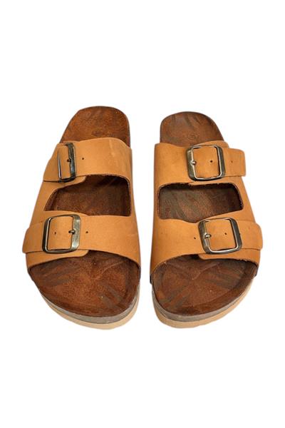 Taba  Hakiki Deri Nubuk Çift Bant Tokalı Mantar Taban Terlik