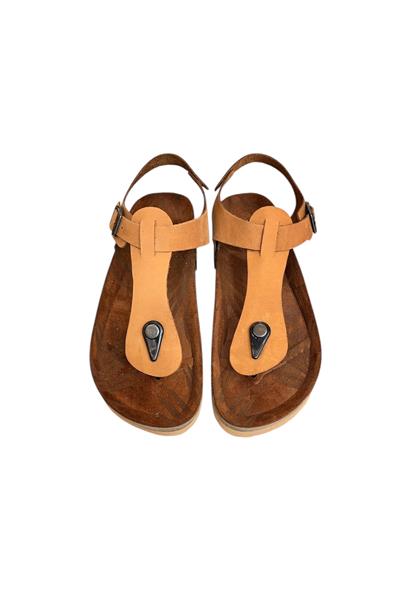 Taba Hakiki Deri Parmak Arası Mantar Taban Tokalı Sandalet 