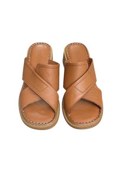 Taba Hakiki Deri Puf Taban Çapraz Bantlı Terlik 