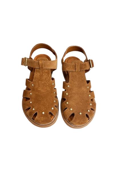 Taba Hakiki Deri Süet Burnu Kapalı Arkası Açık Troklu Sandalet