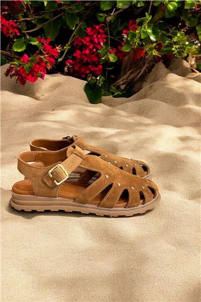 Taba Hakiki Deri Süet Burnu Kapalı Arkası Açık Troklu Sandalet