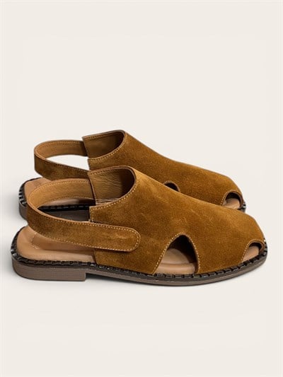 Taba Hakiki Deri Süet Comfort Taban Cırt Bantlı Sandalet