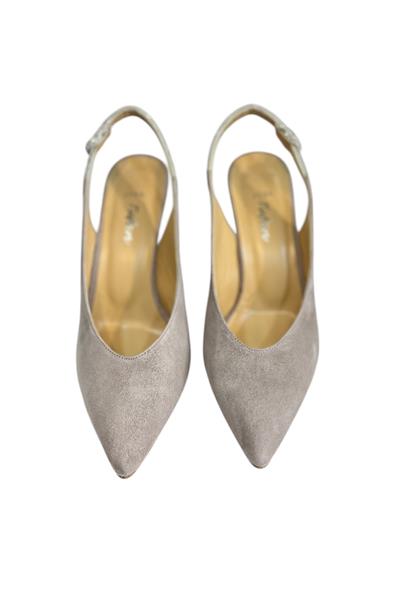 Ten Hakiki Deri Süet Kristal Taş Bantlı Arkası Açık Topuklu Ayakkabı