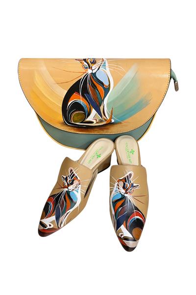 Turkuaz  Hakiki Deri Kedi Desenli Deri Elde Boyama Çapraz Çanta