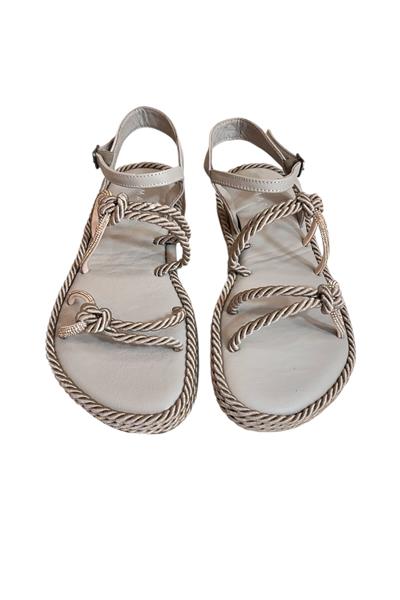 Vizon Hakiki Deri Taş Detay İpli Comfort Taban Sandalet