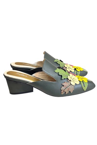 Yağ Yeşili Hakiki Deri Çiçek Motifli El Yapımı Terlik