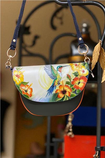 Yağ Yeşili  Hakiki Deri Kuş Desenli Deri Elde Boyama Çapraz Çanta