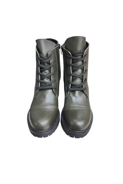 Yeşil Hakiki Deri  Bağcık Detay  Yandan Fermuarlı Kalın Topuk Bot