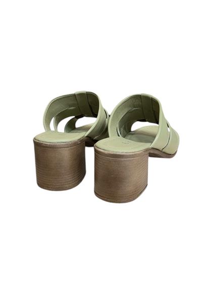 Yeşil Hakiki Deri Bant Detaylı Topuklu Comfort Taban Terlik