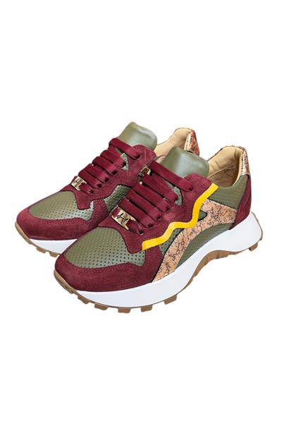 Yeşil Hakiki Deri Bordo Garnili Comfort Taban Bağcıklı Sneaker