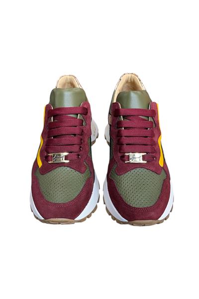 Yeşil Hakiki Deri Bordo Garnili Comfort Taban Bağcıklı Sneaker