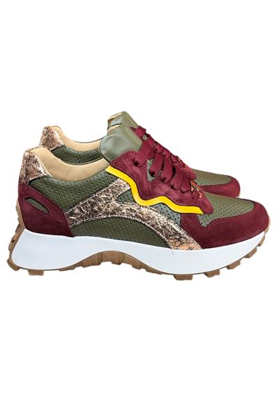 Yeşil Hakiki Deri Bordo Garnili Comfort Taban Bağcıklı Sneaker