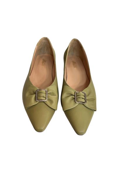 Yeşil Hakiki Deri Fiyonk Tokalı Babet Ayakkabı