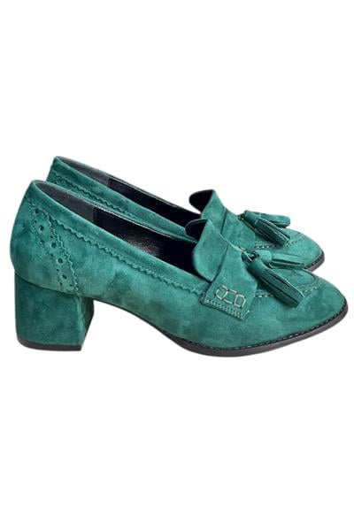 Yeşil Hakiki Deri Süet Püskül Detay Topuklu Ayakkabı
