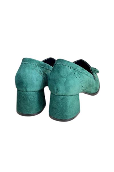 Yeşil Hakiki Deri Süet Püskül Detay Topuklu Ayakkabı