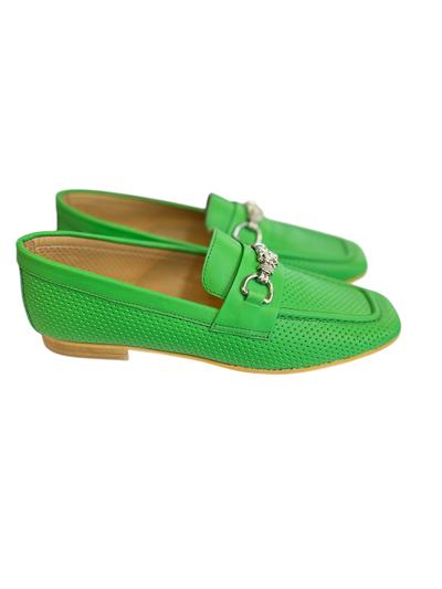 Yeşil  Hakiki Deri Toka Detay Zımbalı Loafer