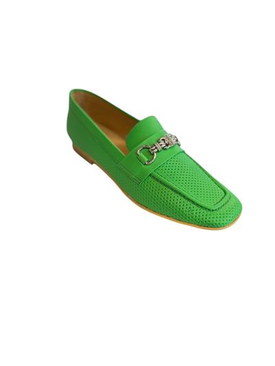 Yeşil  Hakiki Deri Toka Detay Zımbalı Loafer