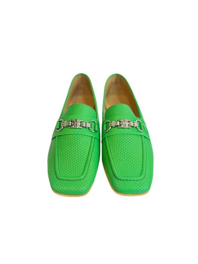 Yeşil  Hakiki Deri Toka Detay Zımbalı Loafer