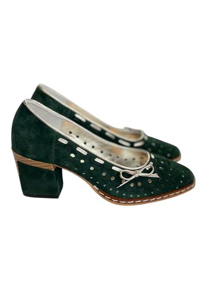 Yeşil Hakiki Süet Deri Fiyonk Detay Topuklu Ayakkabı