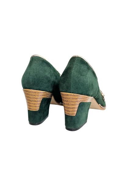 Yeşil Hakiki Süet Deri Fiyonk Detay Topuklu Ayakkabı
