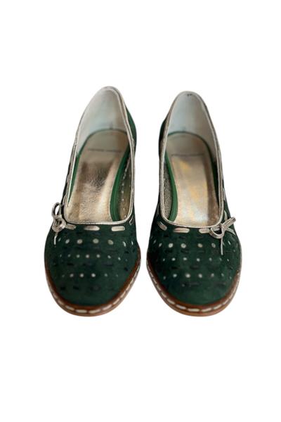 Yeşil Hakiki Süet Deri Fiyonk Detay Topuklu Ayakkabı