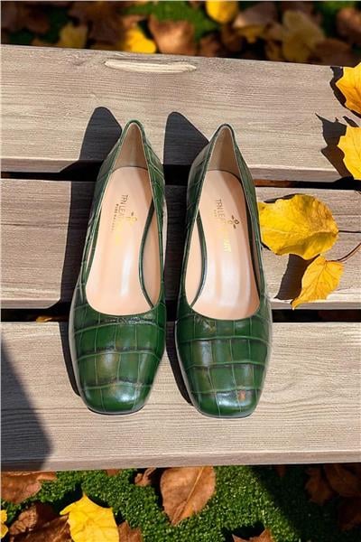 Yeşil Krokodil Hakiki Deri Topuklu Ayakkabı