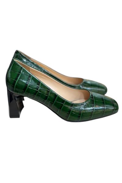 Yeşil Krokodil Hakiki Deri Topuklu Ayakkabı