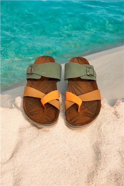 Yeşil Multi Hakiki Deri Nubuk Parmak Arası  Mantar Taban Terlik