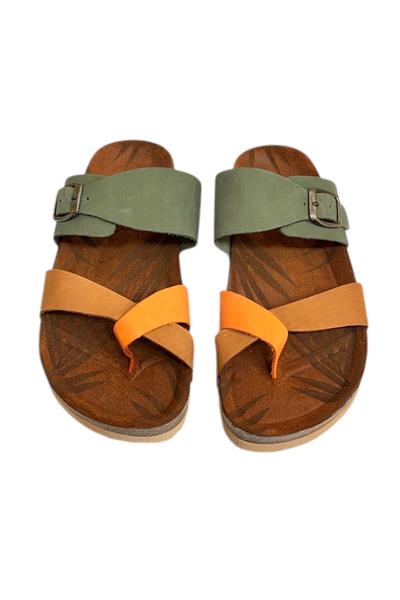 Yeşil Multi Hakiki Deri Nubuk Parmak Arası  Mantar Taban Terlik