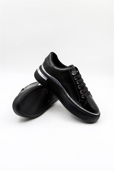 Park Moda Siyah Cilt Bağcıklı Altın Spor Ayakkabı PM239 Siyah Cilt Gümüş