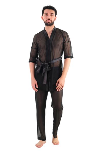JEU JEU BLINK Siyah Tül  Saten Detaylı Transparan Fantezi Erkek Kimono Takımı