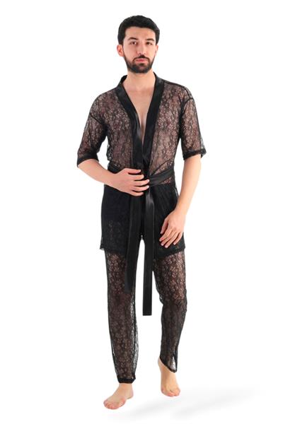 JEU JEU LOOM – Siyah Dantel Fantezi Kimono ve Pantolon Erkek Takımı