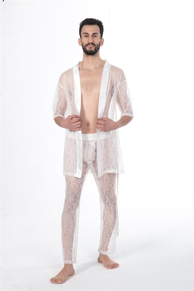 JEU JEU NEST –Ekru Dantel Fantezi Kimono ve Pantolon Erkek Takımı