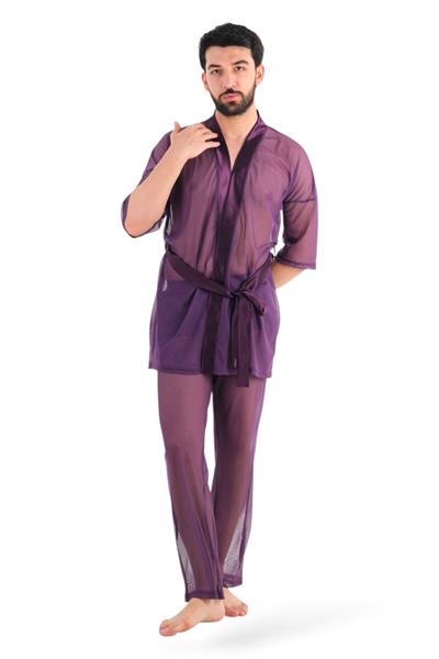 JEU JEU SHINE – Mor Tül & Saten Transparan Fantezi Erkek Kimono Takımı