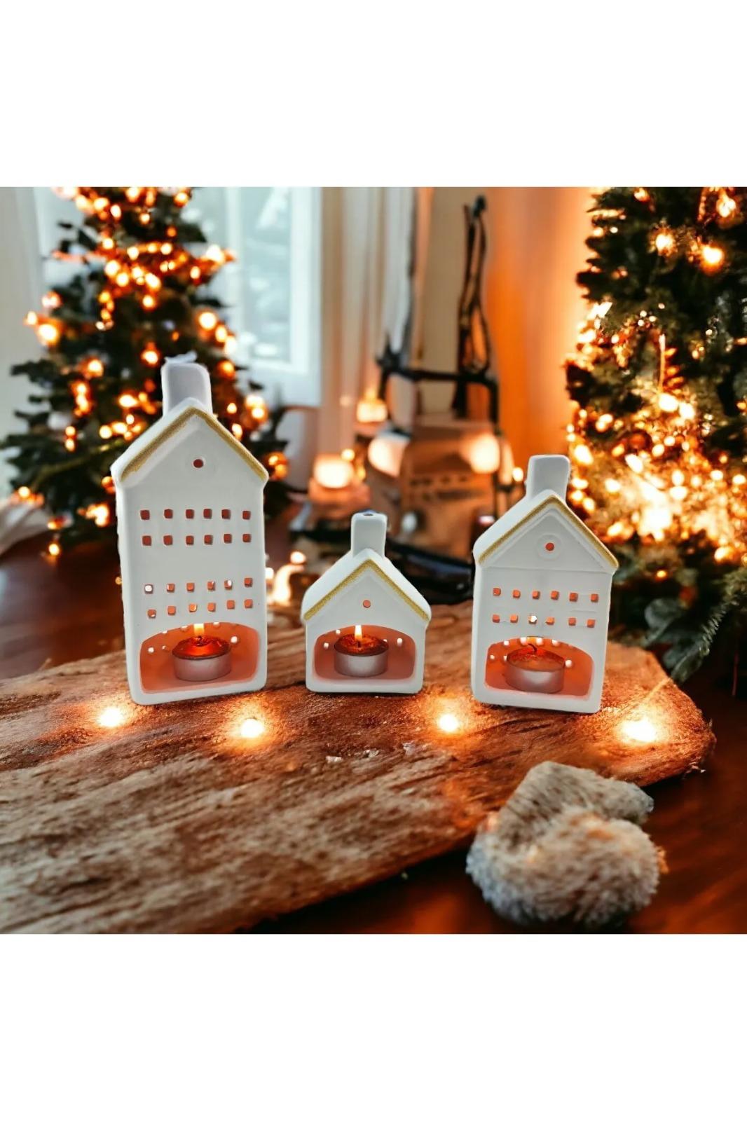 Seramik 3'lü Set Ev Figürlü Dekoratif Mumluk Gold 