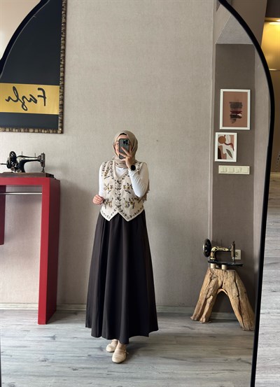 Çiçekli bej yelek - 1140