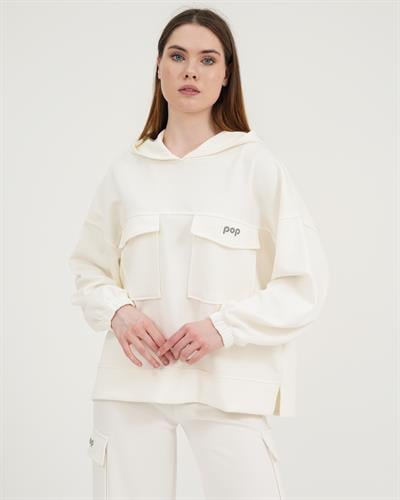 Ekru Kapüşonlu Dökümlü Kalıp Cep Detaylı Modal Sweatshirt