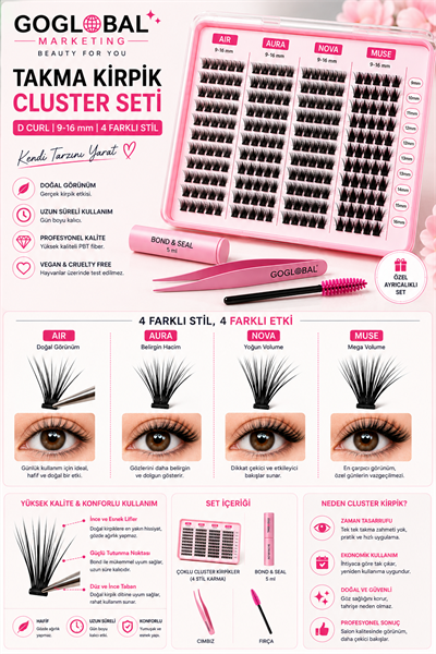 4 Farklı Stil Cluster Takma Kirpik Seti D Curl 9-16 mm Mix AIR AURA NOVA MUSE Bond & Seal Cımbız Fırça
