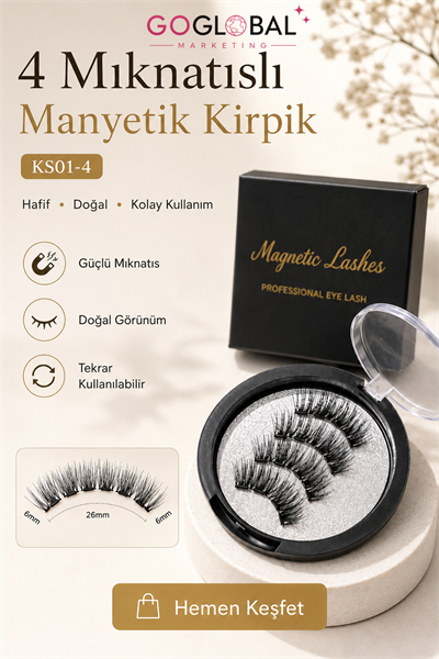 4 Mıknatıslı Manyetik Takma Kirpik | Yapıştırıcısız Doğal Görünüm | Tekrar Kullanılabilir | Suya ve Tere Dayanıklı | 3 Çift